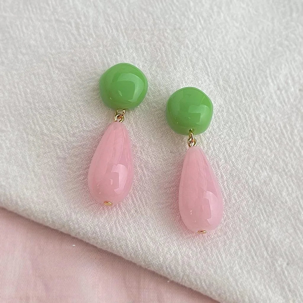New Chinese Style Resin Teardrop Drop Earrings Pink Green Contrast Vintage Statement Jewelry