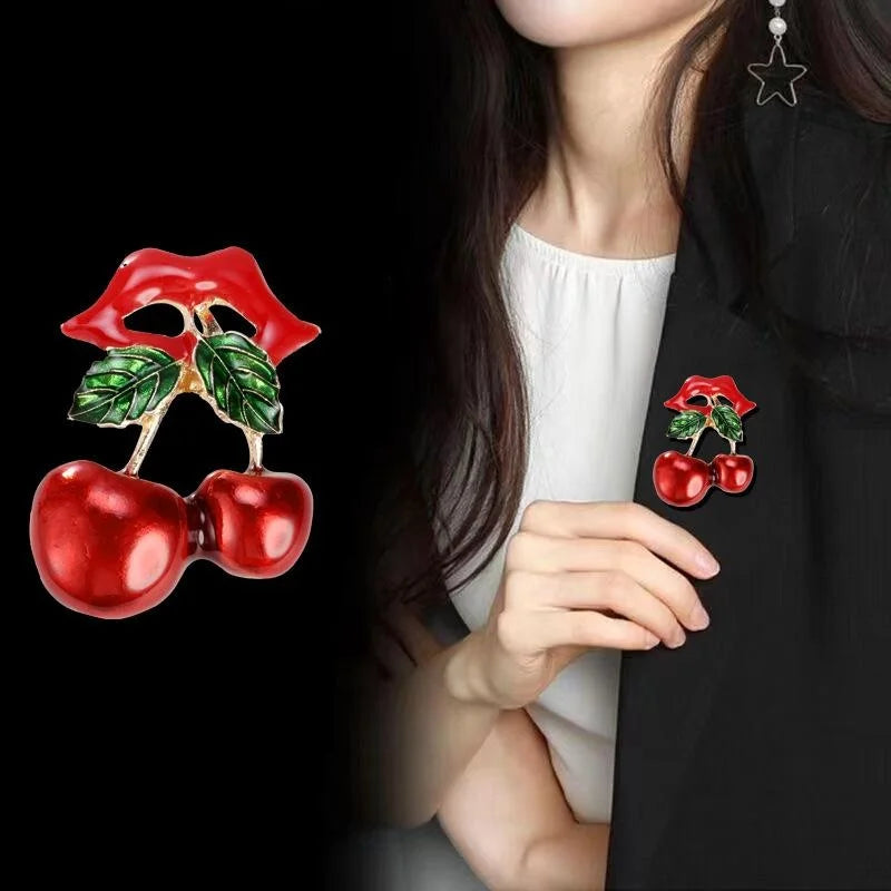 Cute Enamel Red Lips Cherry Brooch With Green Leaves, Alloy Fruit Lapel Pin Corsage Gift For Women