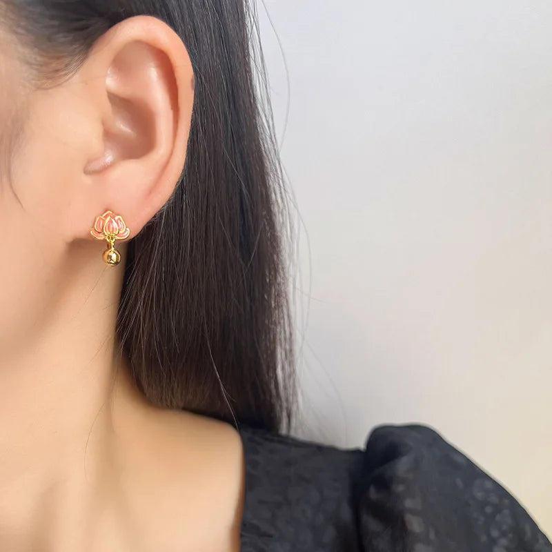 Elegant Enamel Lotus Flower Alloy Stud & Clip On No Piercing Gold Bead New Chinese Style Earrings
