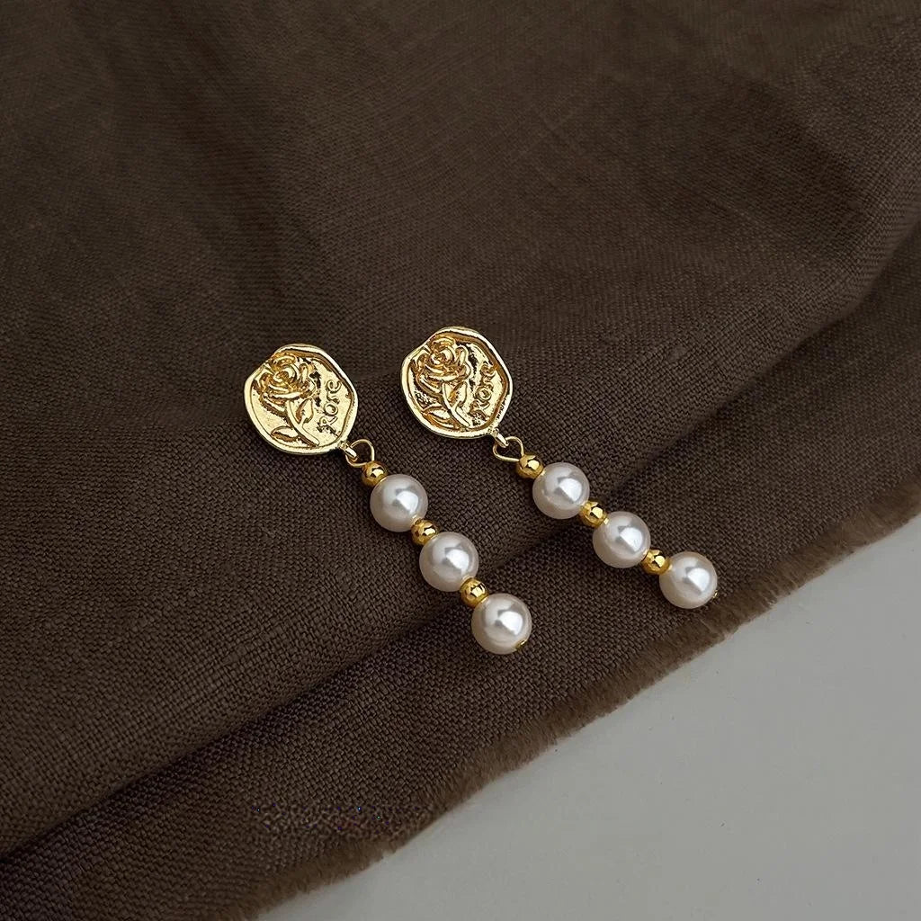 Designer 14K Gold Plated Copper Pearl Tassel Drop Earrings Floral Geometric Office Jewelry