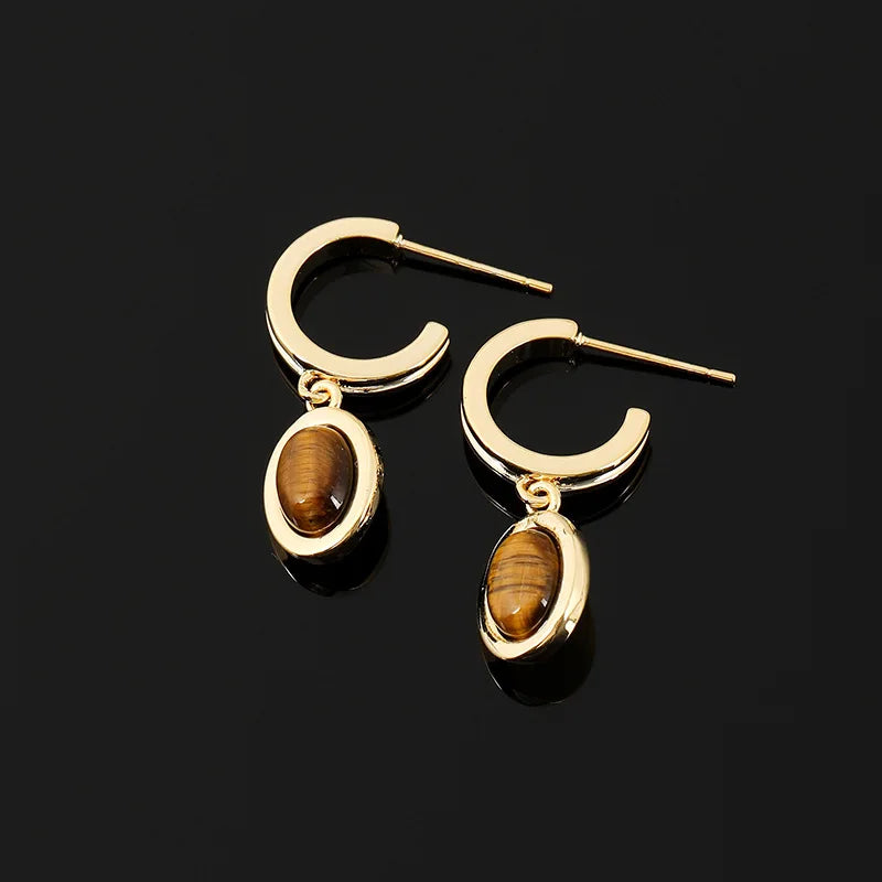 Vintage Gold Alloy Spiral Tiger Eye Oval Drop Stud & Clip On No Piercing Brown Dangle Earrings