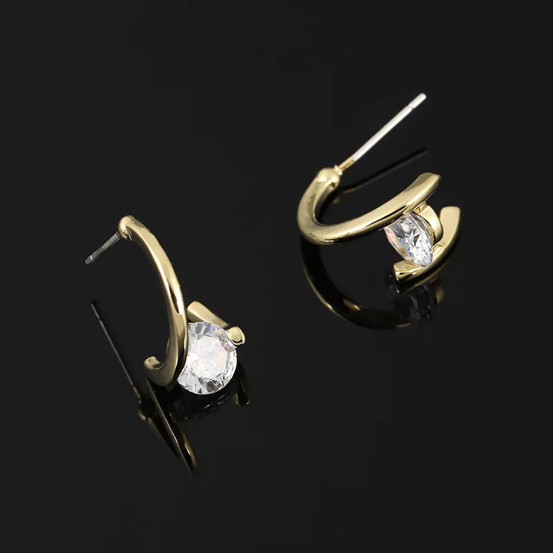 Elegant Cross Hoop Zircon Stud & Clip On No Piercing Gold Tone Minimalist Ear Cuff Earrings