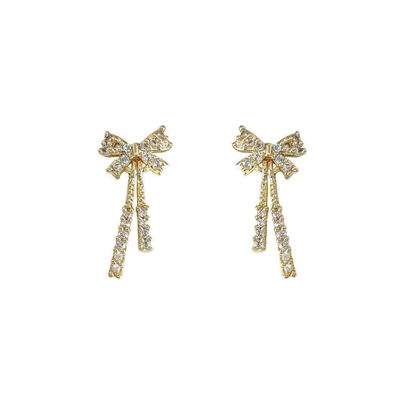 Mini 14K Gold Plated Copper Bow Stud Earrings With Micro Pave Zircon Simple Style