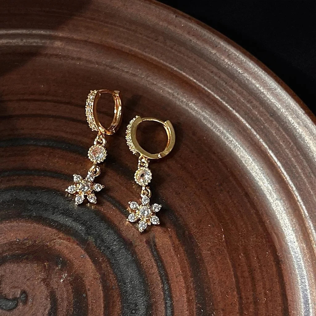 Vintage Palace Style Copper Micro Pave Zircon Flower Drop Earrings For Elegant Banquets