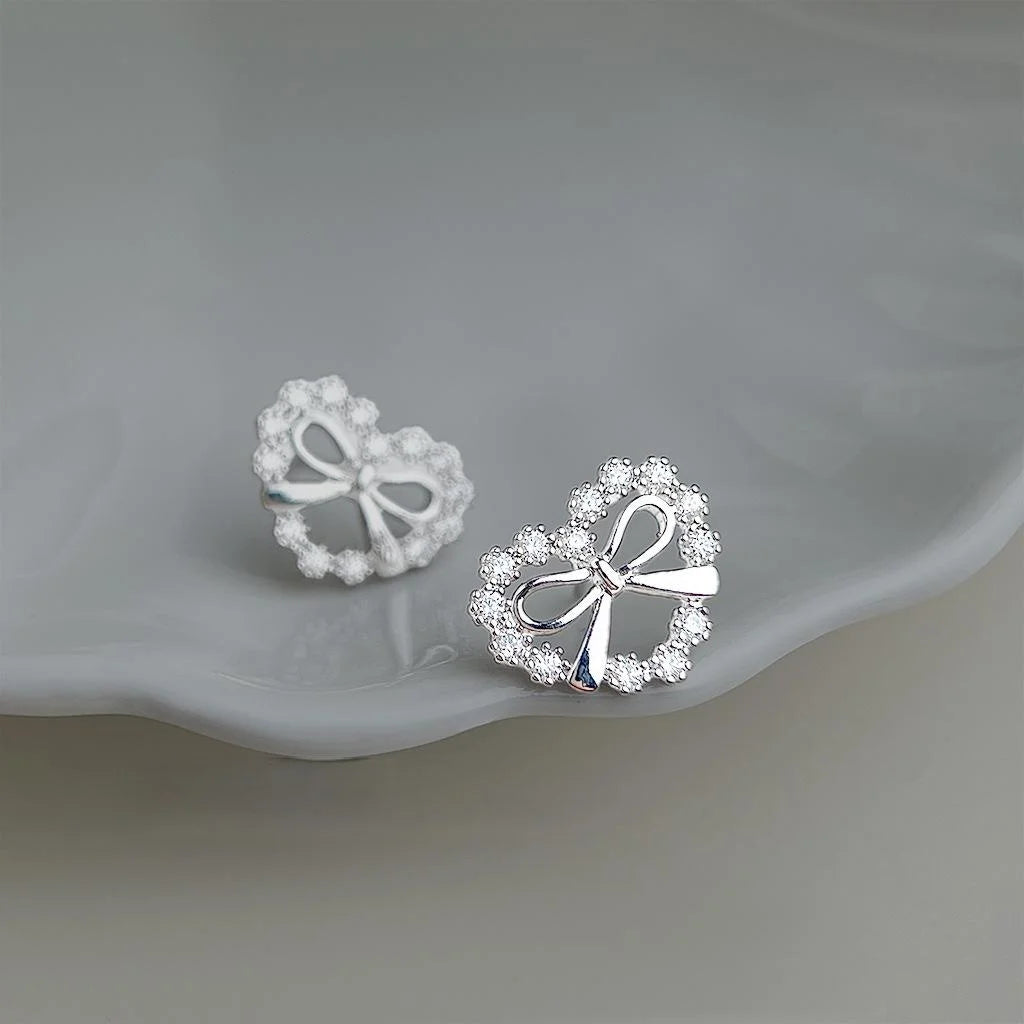 Sweet Bow Heart Zircon Copper Stud Earrings, Hollow Micro Pave Elegant Jewelry For Women