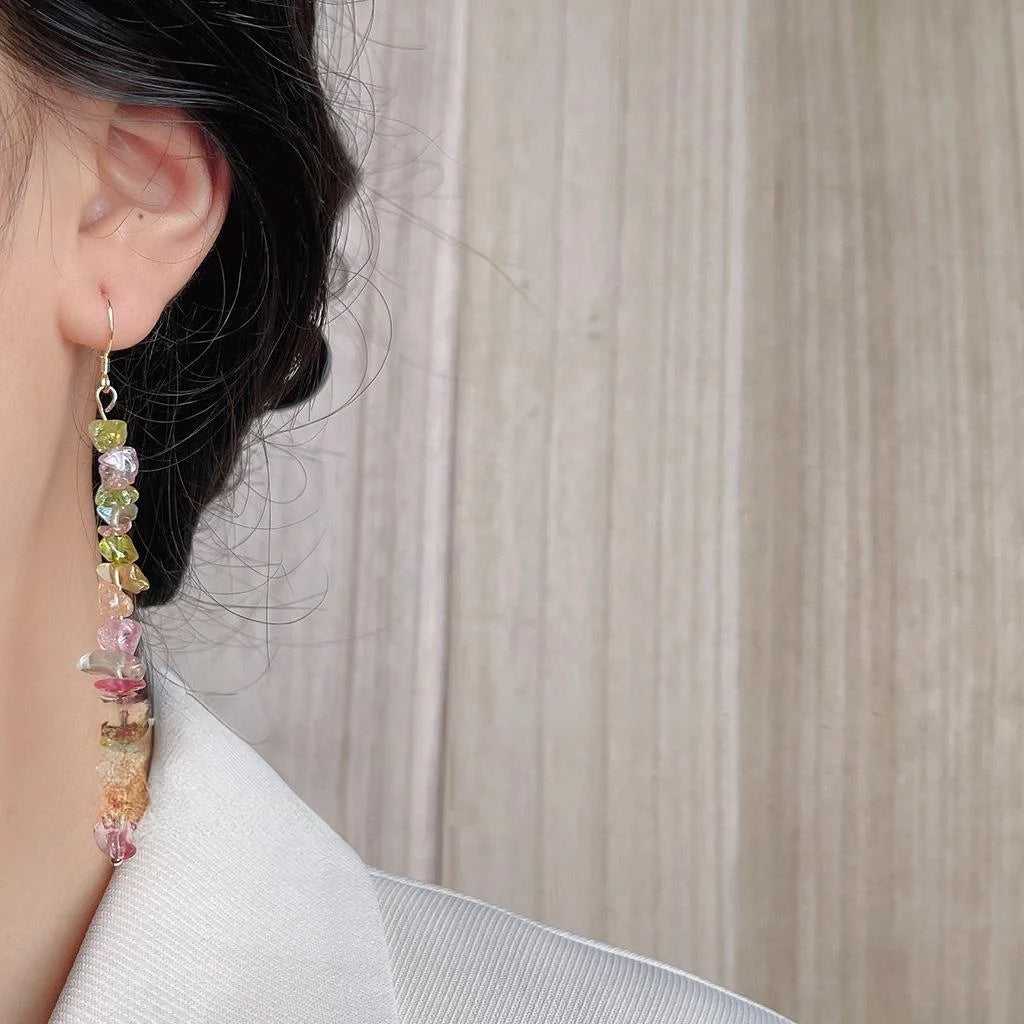 Handmade Sweet Dopamine Glass Chip Geometric Long Drop Earrings With Silver Plated Pins