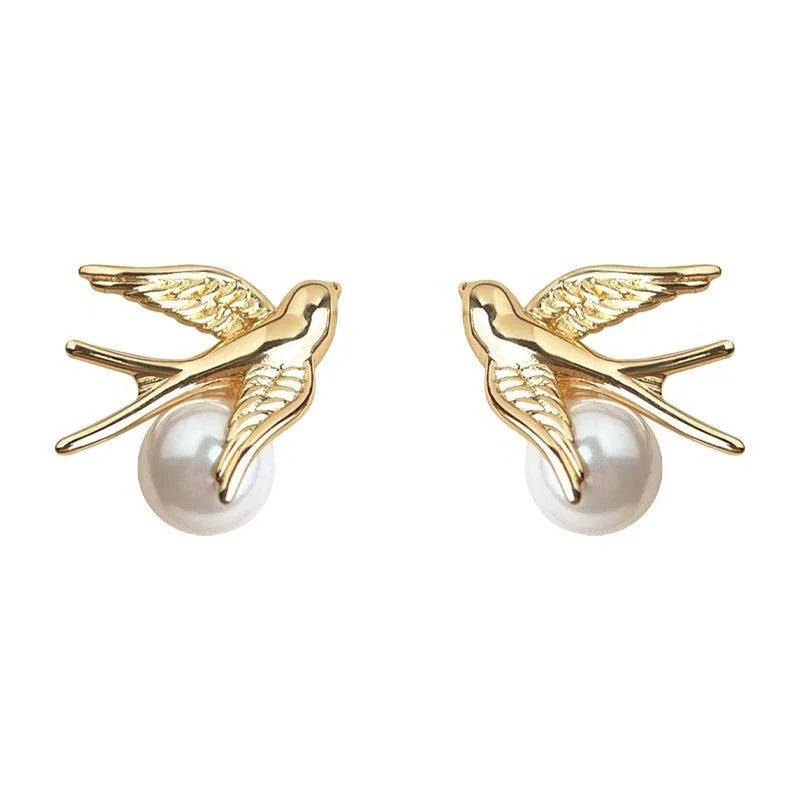 14K Plated Copper Glass Pearl Bird Stud Earrings Elegant Animal Design For Women