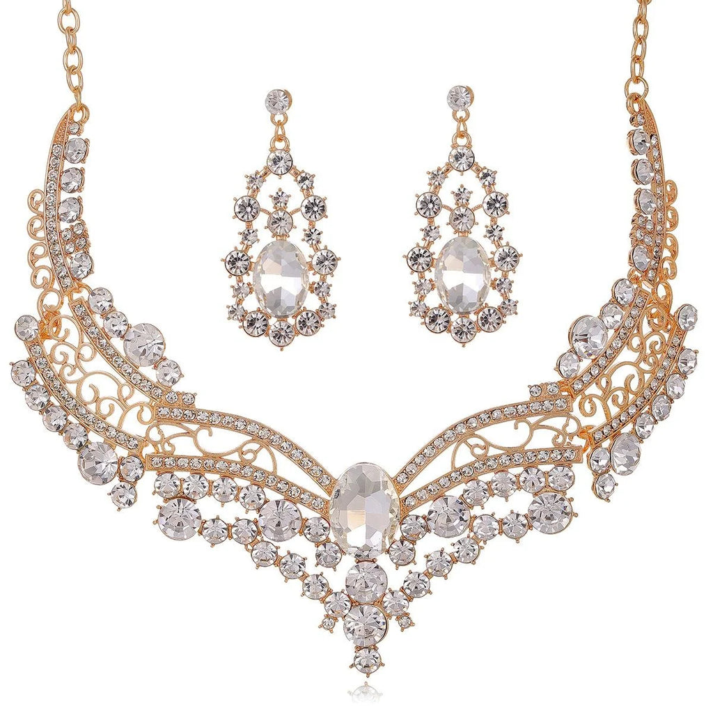 Luxury Rose Gold Rhinestone Necklace And Earrings Jewelry Set, Elegant Crystal Bridal Jewelry For Wedding Party