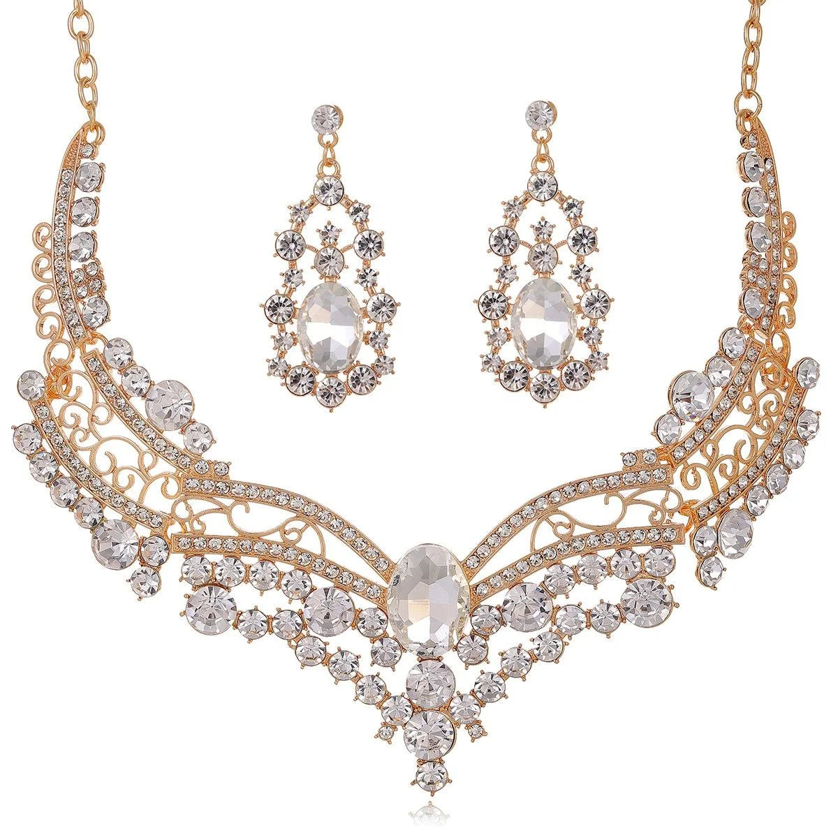Luxury Rose Gold Rhinestone Necklace And Earrings Jewelry Set, Elegant Crystal Bridal Jewelry For Wedding Party
