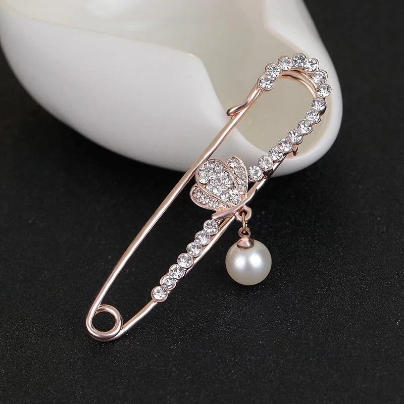 Elegant Gold Alloy Safety Pin Brooch With Rhinestone Bow Heart And Pearl Charm, Women's Lapel Pin Gift