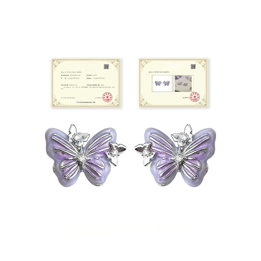 Purple Butterfly Enamel Drip Glaze Copper Zircon Fairy Style Stud Earrings