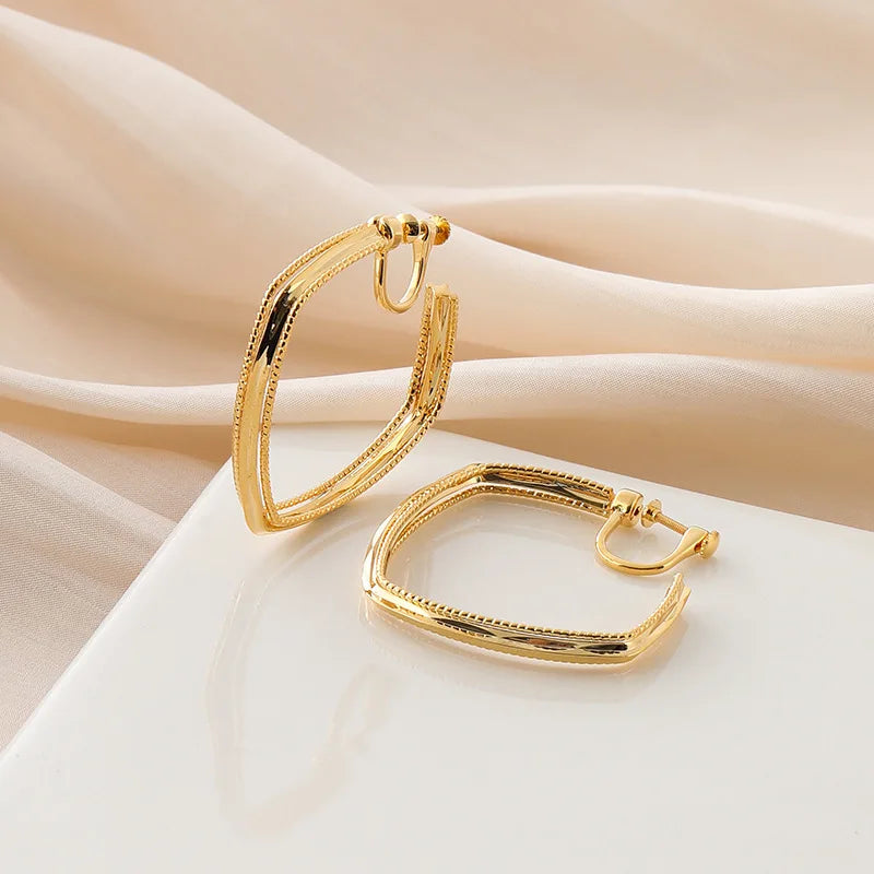 Elegant Gold Alloy Multi Layer Square Hoop Stud & Clip On No Piercing Geometric Hong Kong Style Earrings