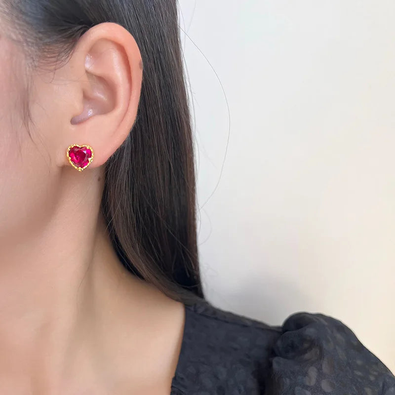 Elegant Rose Red Heart Zircon Gold Tone Alloy Stud & Clip On No Piercing Minimalist Everyday Earrings