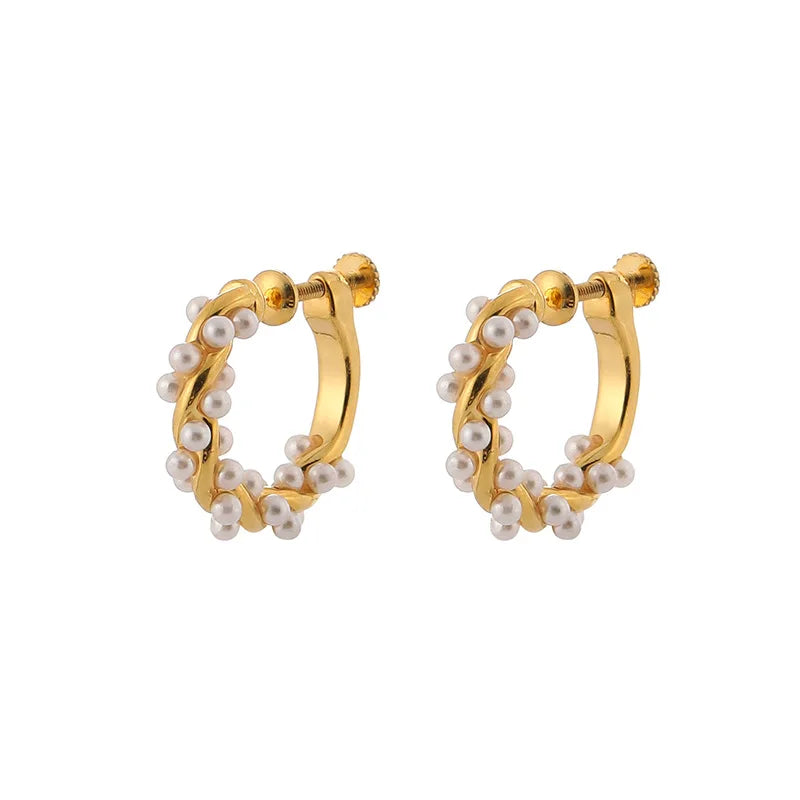 Elegant Pearl Flower Wreath Hoop Alloy Stud & Clip On No Piercing Korean Style Screw Back Earrings