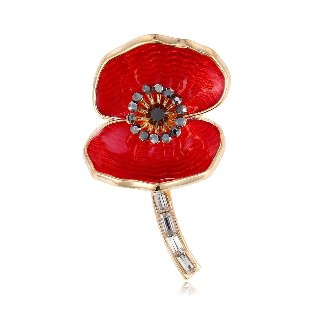 Elegant Red Enamel Poppy Flower Brooch With Rhinestone Center, Women's Alloy Lapel Pin Suit Corsage Gift