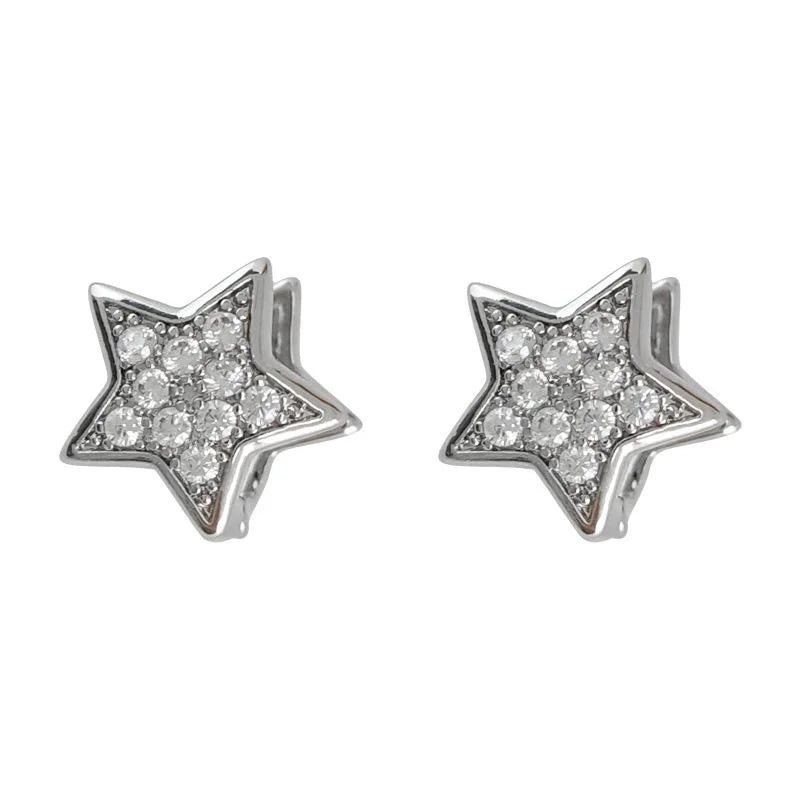 Silver Tone Copper Five Point Star Stud Earrings With Micro Pave Zircon Minimalist Cool Style