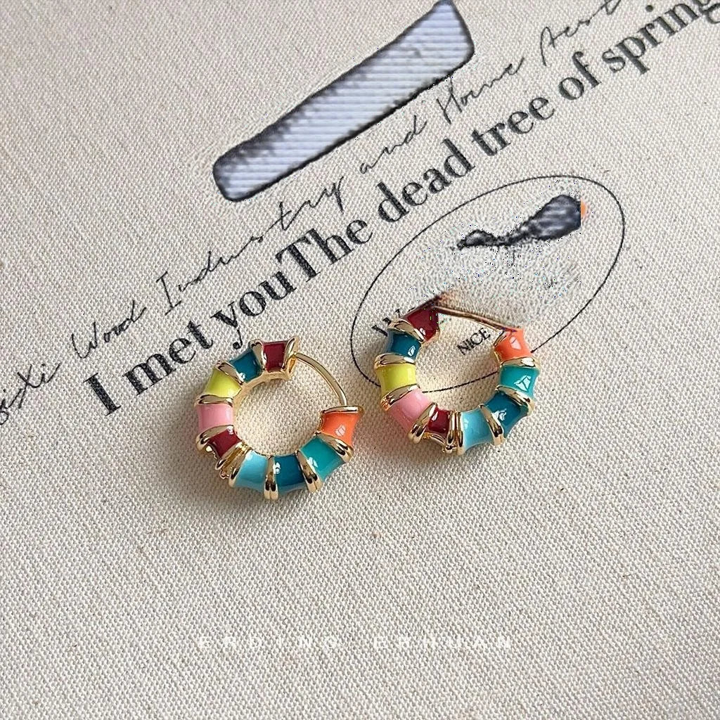 Ethnic Colorful Enamel Copper Hoop Stud Earrings Candy Color Geometric Jewelry