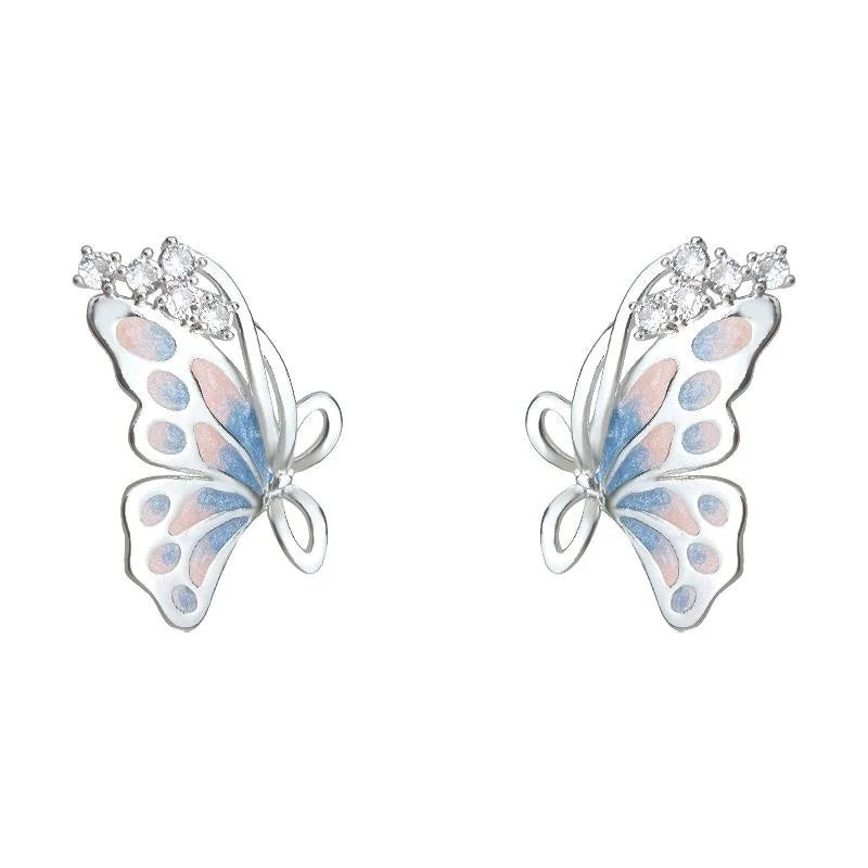 Hand Painted Butterfly Zircon Stud Earrings Eco Copper Silver Plated Fairy Forest Jewelry