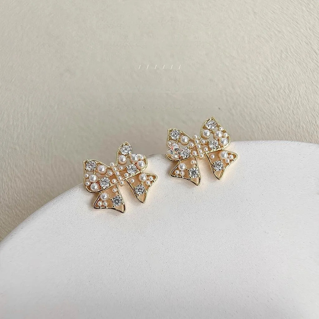 14K Gold Plated Copper Bow Stud Earrings Micro Pave Zircon Hollow Light Luxury Jewelry