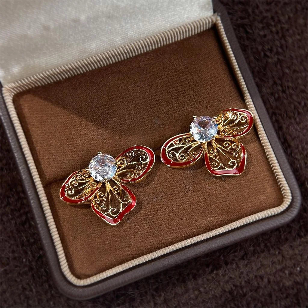 Vintage Floral Enamel Drip Glaze Hollow Zircon Copper Drop Earrings