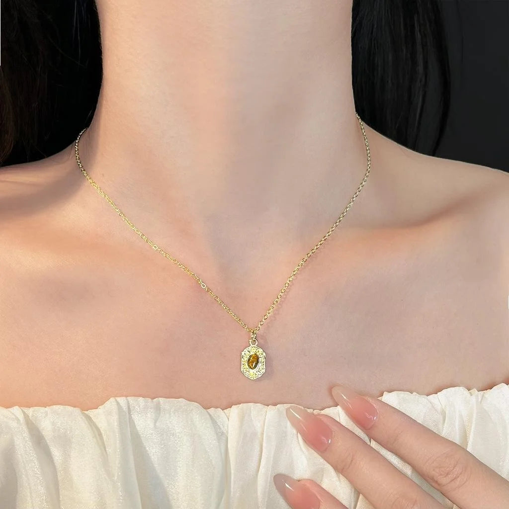 18K Gold Plated Copper Tiger Eye Natural Stone Vintage Collarbone Necklace For Women
