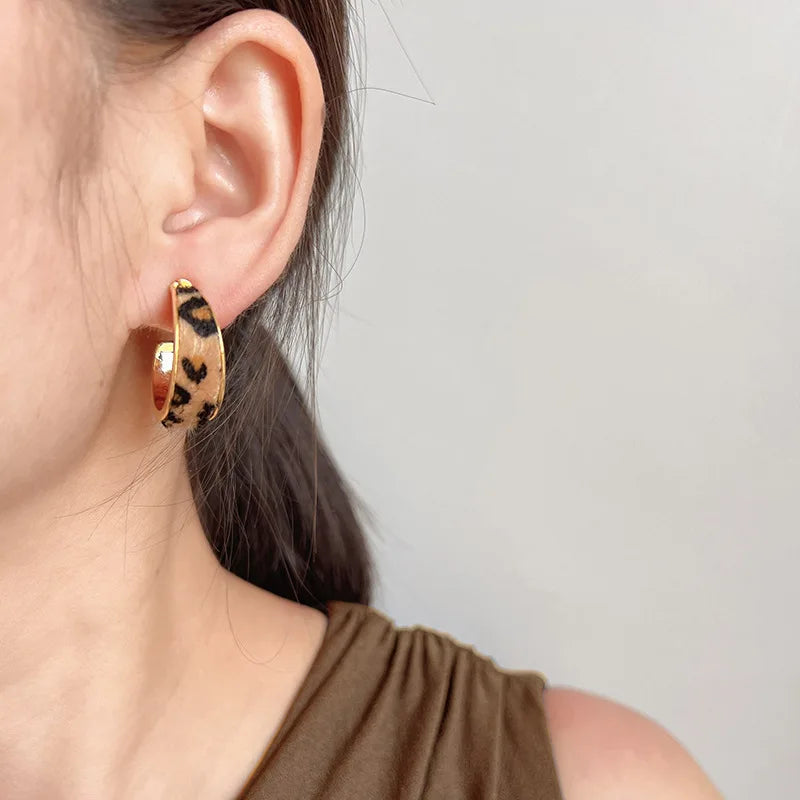 Vintage Gold Alloy Leopard Print Faux Fur C Hoop Stud & Clip On No Piercing Statement Earrings