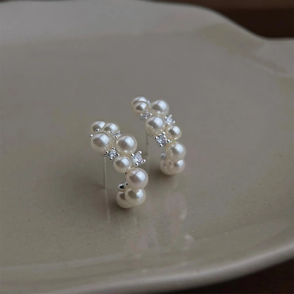 Light Luxury Copper Geometric Synthetic Pearl Drop Earrings With Zircon Pave