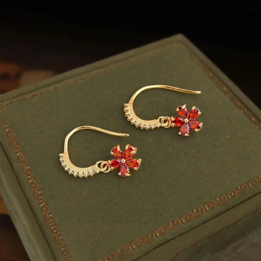 Light Luxury Micro Pave Garnet Red Zircon Plum Blossom Copper Drop Earrings For Women