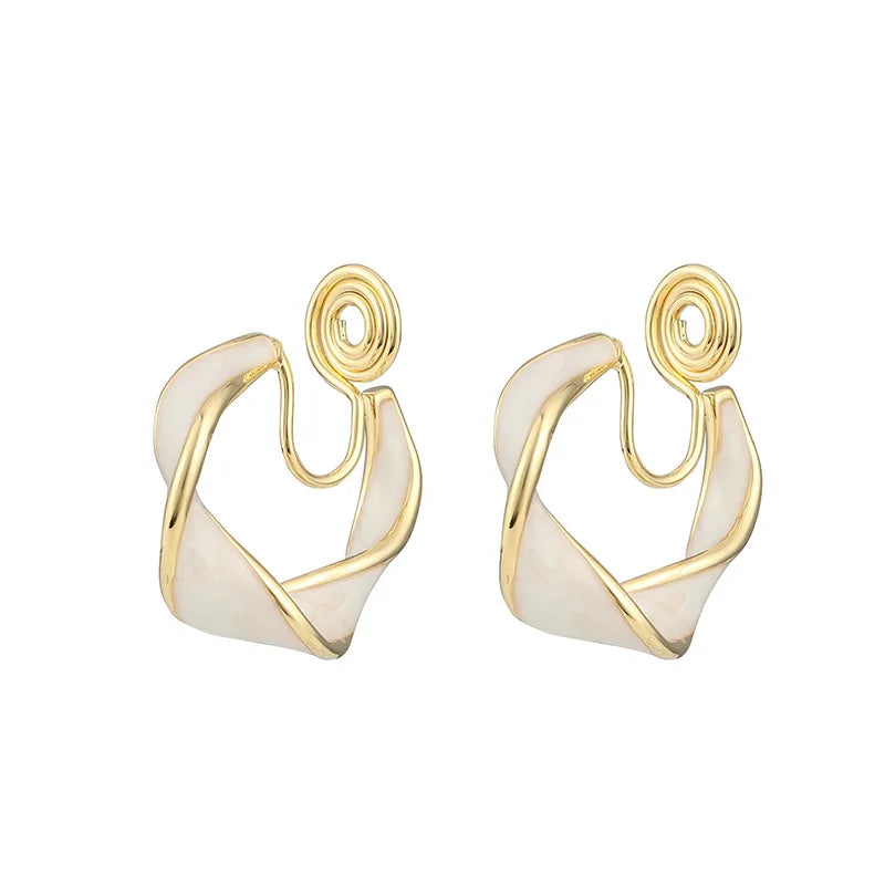 Elegant French White Enamel Spiral C Hoop Alloy Stud & Clip On No Piercing Statement Earrings