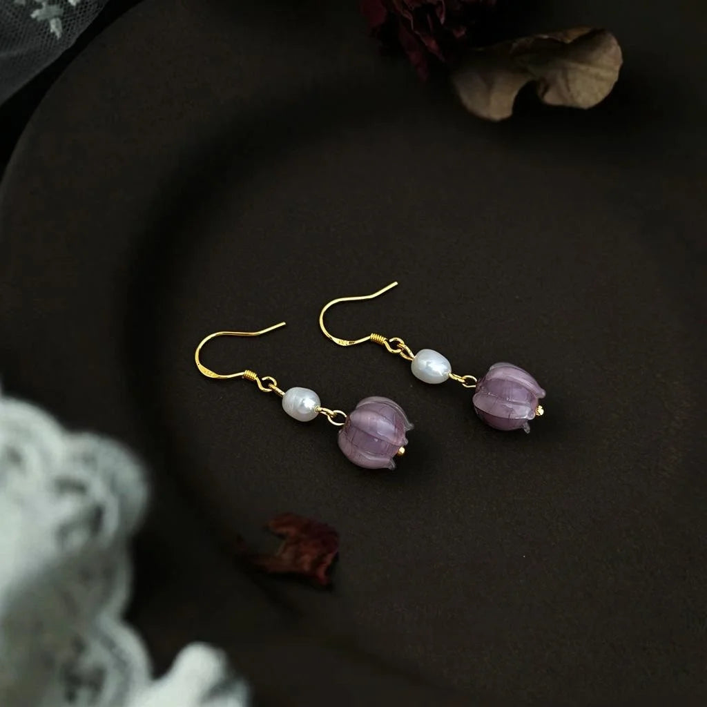 Vintage Chinese Style Freshwater Pearl Glazed Glass Lotus Flower Tassel Drop Earrings