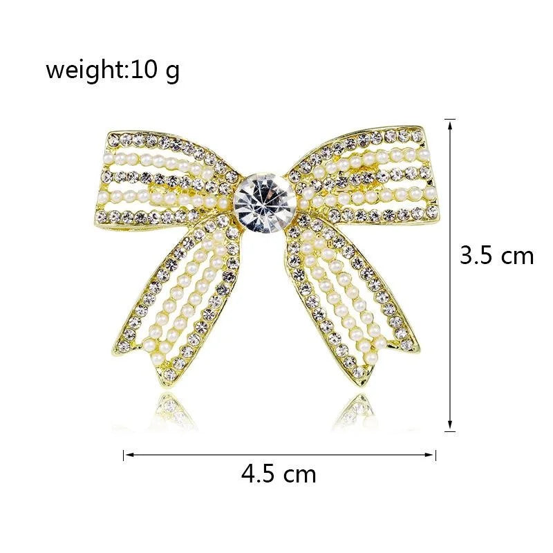 Elegant Korean Style Pearl Rhinestone Bow Brooch Luxury Alloy Lapel Pin Corsage For Suit Accessory Gift
