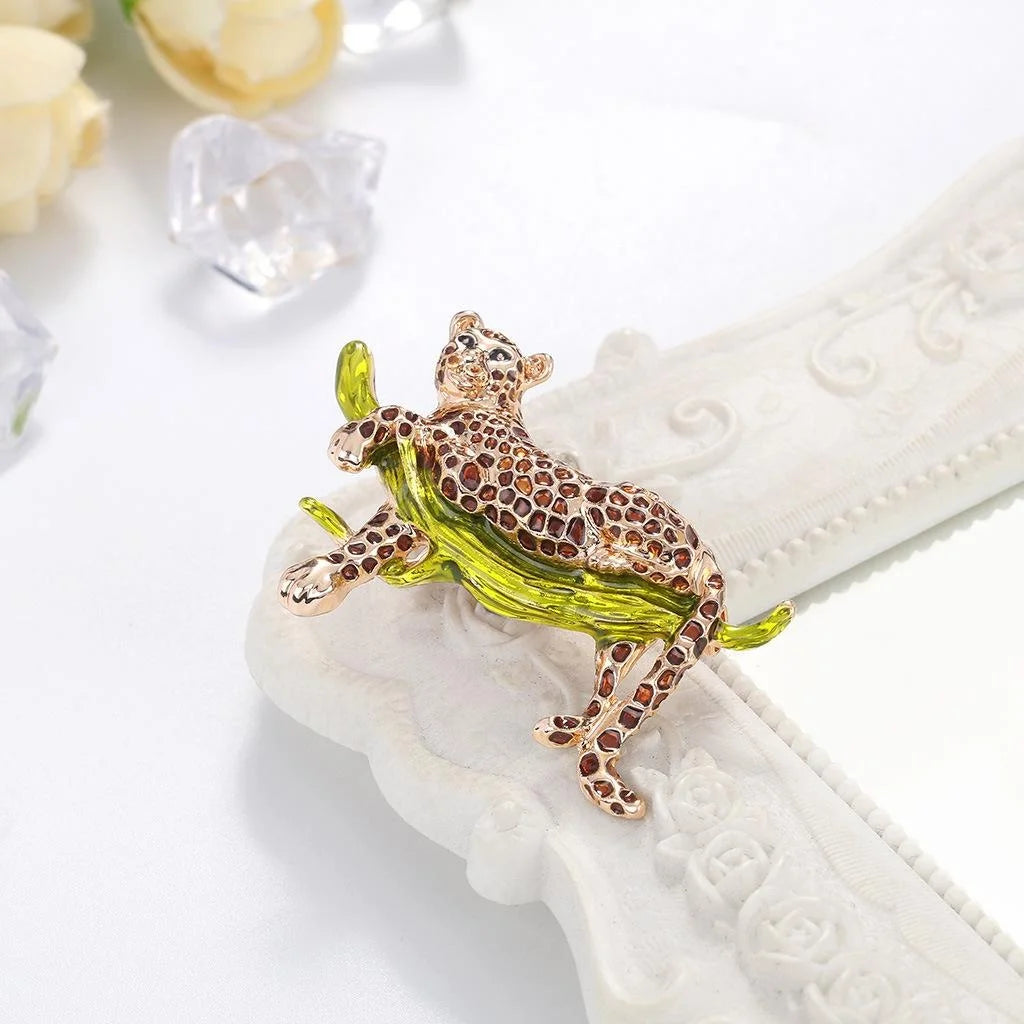 Elegant Enamel Leopard On Branch Brooch, Rhinestone Alloy Animal Lapel Pin Corsage Suit Accessory Gift