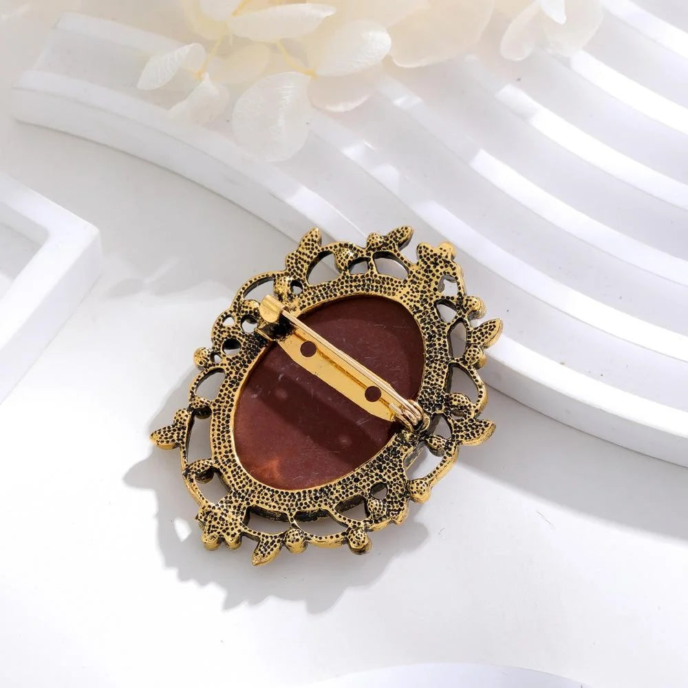 Vintage Lady Cameo Brooch With Rhinestone Alloy Frame, Elegant European Lapel Pin Suit Accessory Gift