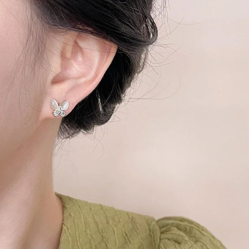 14K Plated Copper Butterfly Stud Earrings With Glass Cat Eye Stone And Micro Pave Zircon Minimalist Sweet