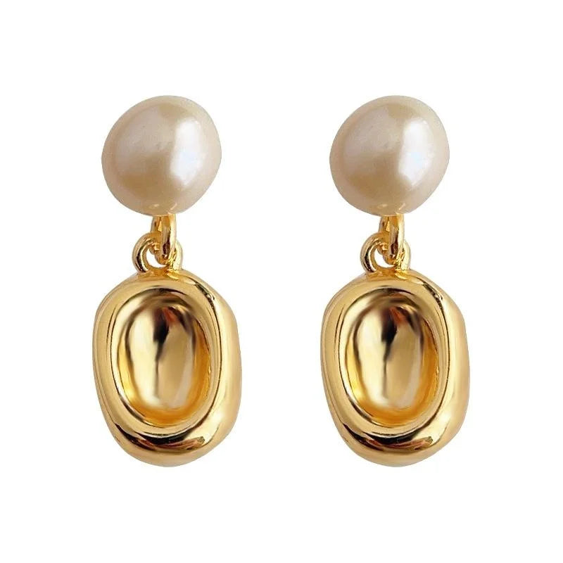 Freshwater Pearl Geometric Oval Drop Earrings, 14K Plated Minimalist Copper Jewelry
