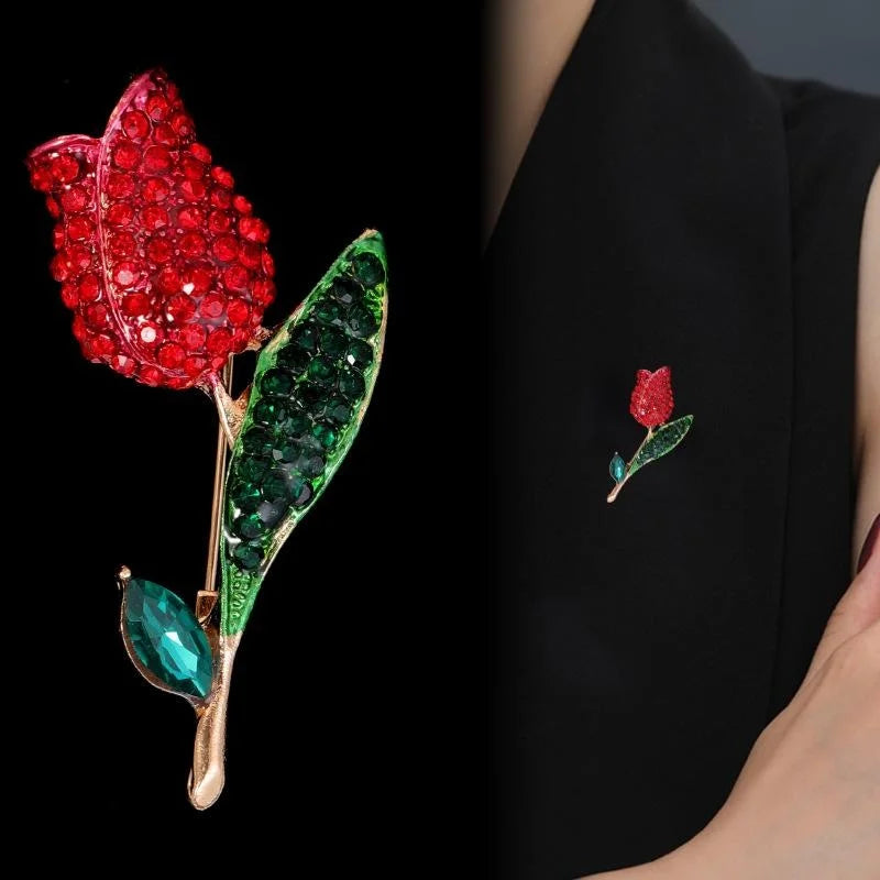 Luxury Red Tulip Rhinestone Enamel Brooch For Women, Elegant Flower Lapel Pin Corsage Suit Accessory Gift