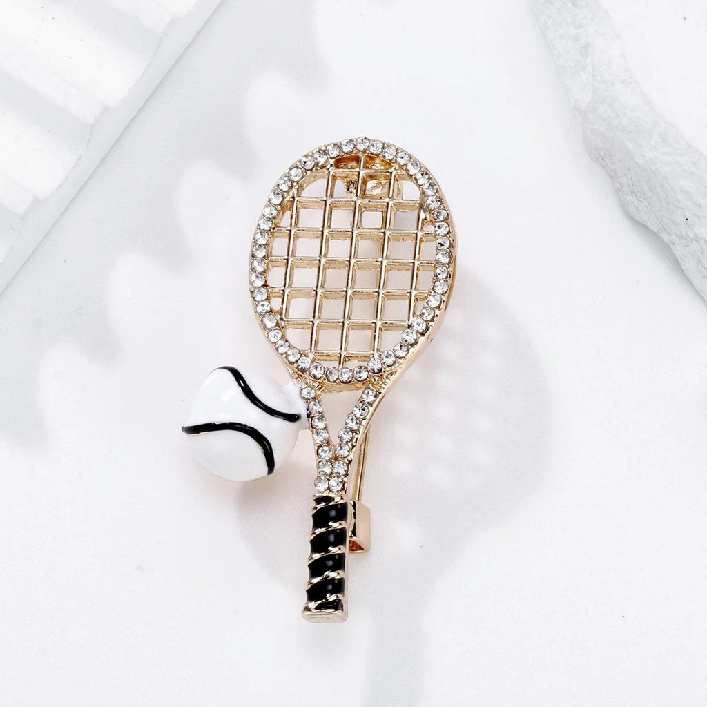 Elegant Rhinestone Enamel Tennis Racket And Ball Brooch, Gold Alloy Sports Lapel Pin Gift For Women