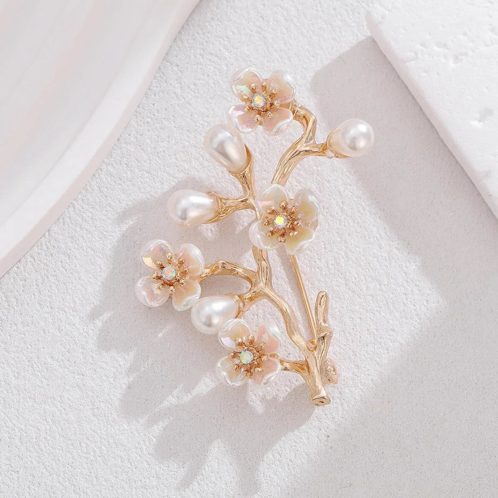 Elegant Peach Blossom Branch Brooch With Faux Pearl And Rhinestone Flowers, Gold Alloy Lapel Pin Gift