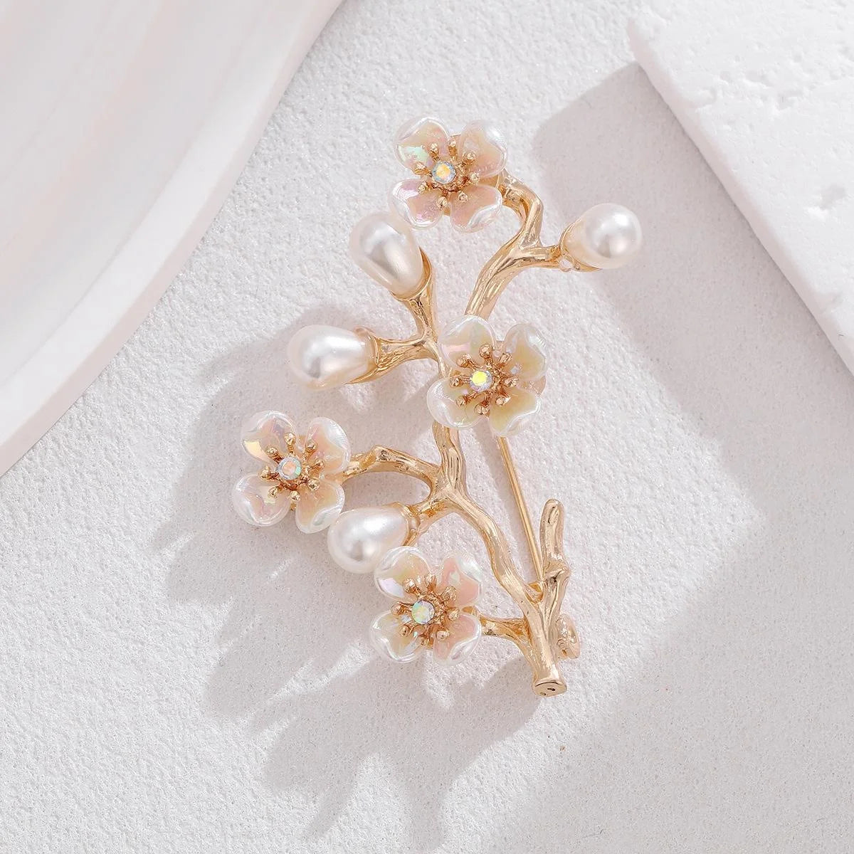 Elegant Peach Blossom Branch Brooch With Faux Pearl And Rhinestone Flowers, Gold Alloy Lapel Pin Gift