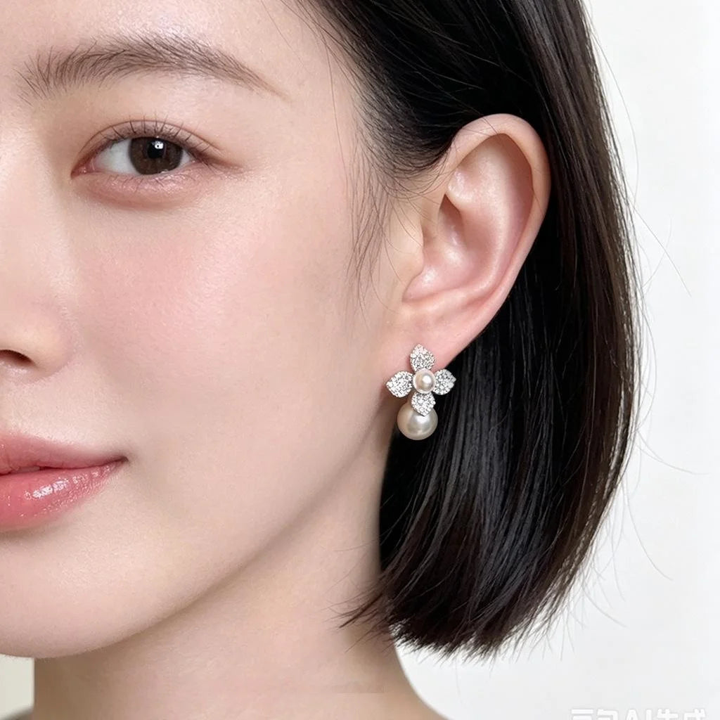 Sweet Flower Glass Pearl Zircon Micro Pave Copper Drop Earrings For Women