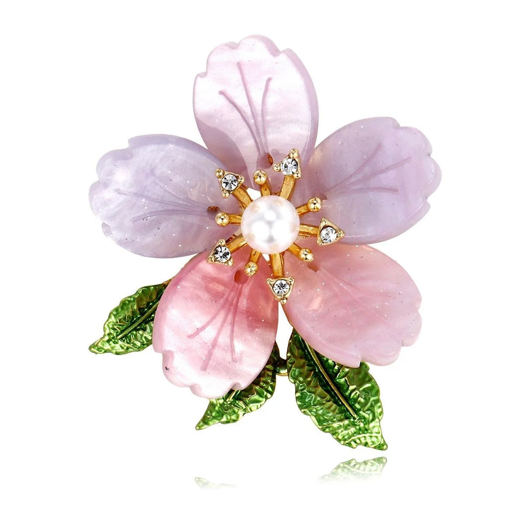 Elegant Pink Flower Brooch With Pearl Center, Rhinestone Zircon Accents And Enamel Leaves, Women's Lapel Pin Gift