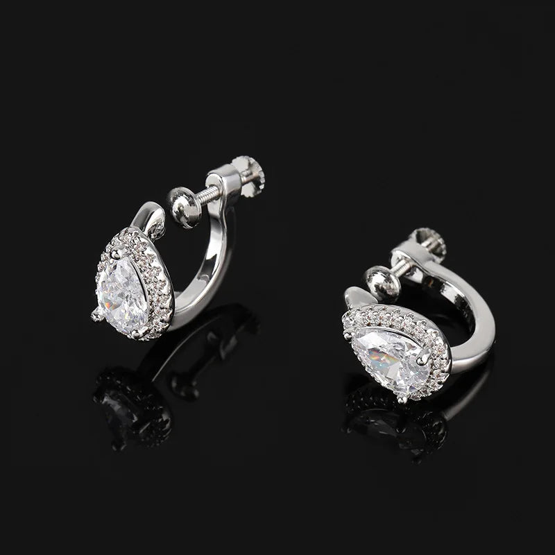 Elegant Teardrop Zircon Hoop Stud & Clip On No Piercing Screw Back Office Fashion Earrings
