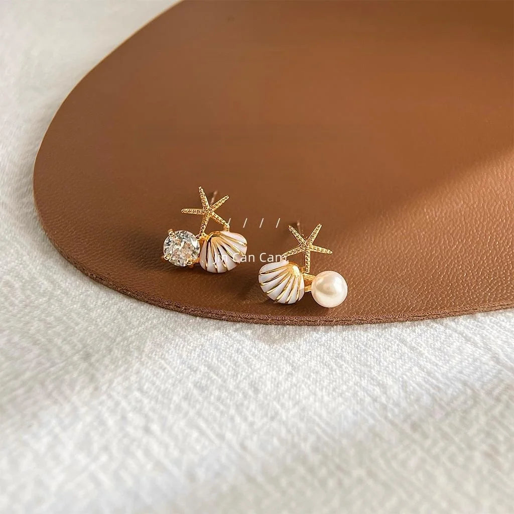 14K Plated Copper Micro Pave Zircon Asymmetric Starfish Stud Earrings, Niche Shell Design