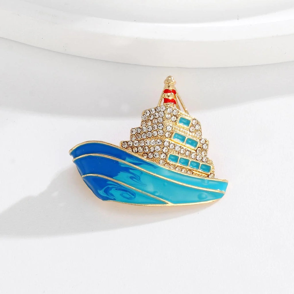 Luxury Cruise Ship Enamel Rhinestone Brooch Elegant Alloy Lapel Pin Corsage For Suit Coat Gift