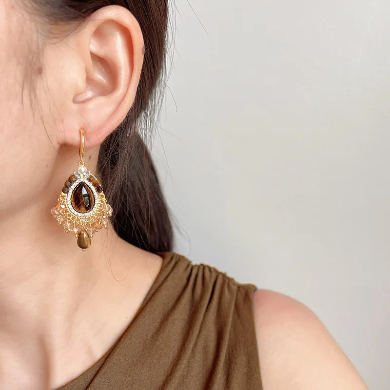 Vintage Ethnic Teardrop Tiger Eye Crystal Pearl Tassel Stud & Clip On No Piercing Earrings