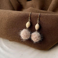 High-End Sweet Winter Plush Pom Pom Copper Drop Earrings With Wooden Round Geometric Design
