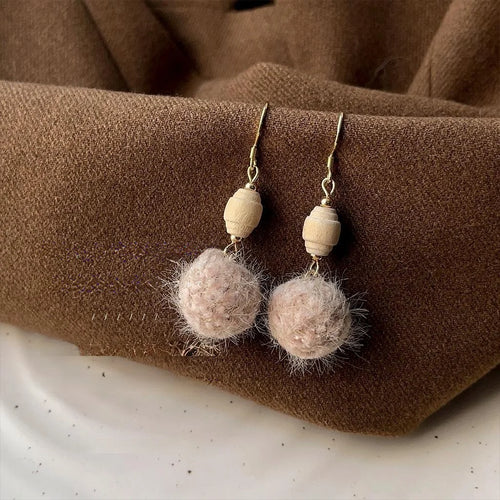 High-End Sweet Winter Plush Pom Pom Copper Drop Earrings With Wooden Round Geometric Design