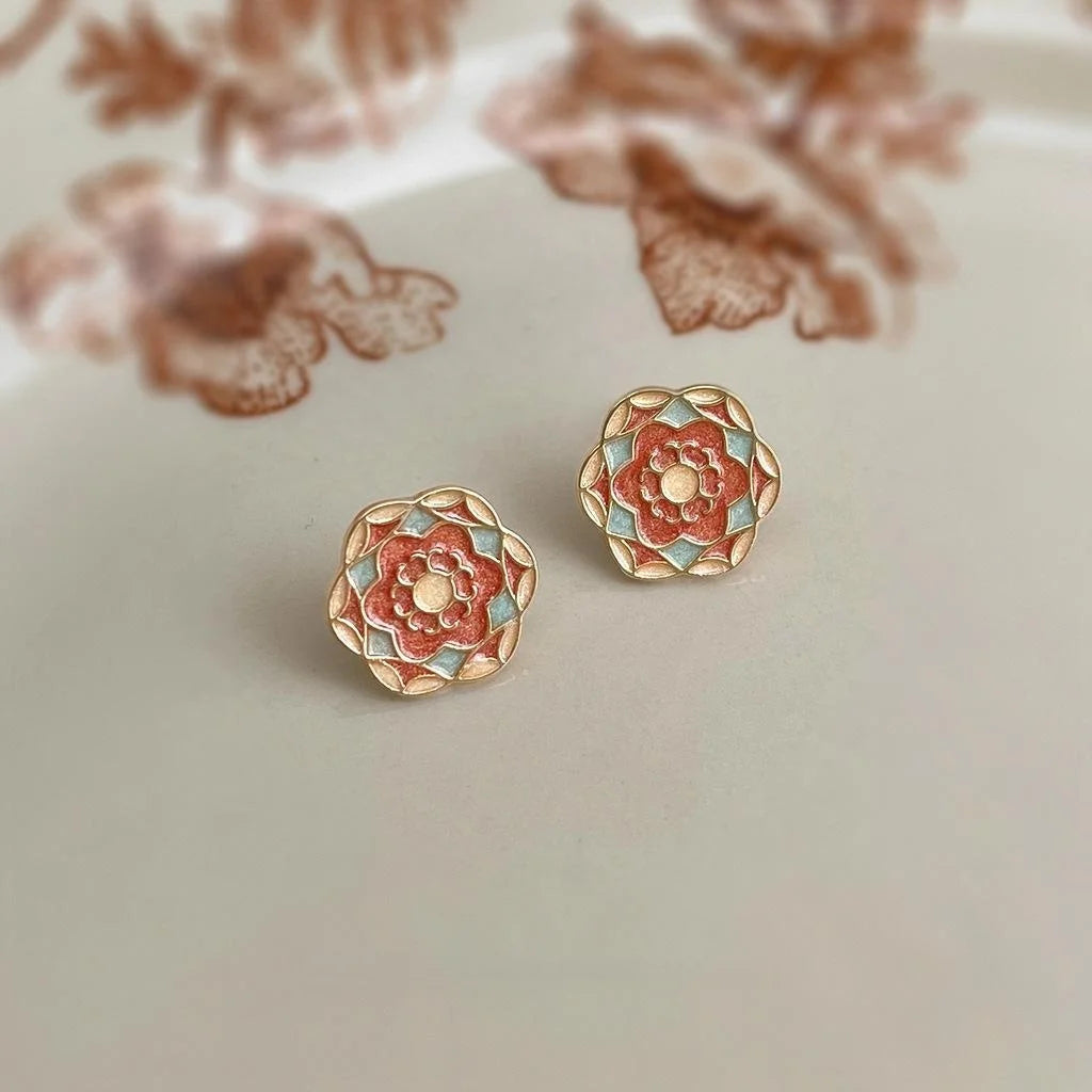 New Chinese Ethnic Enamel Flower Petal Copper Stud Earrings