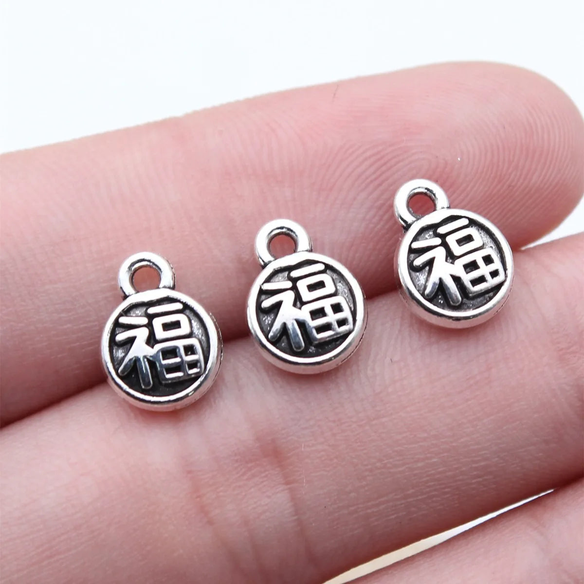 10x8mm 0.93g Antique Silver Zinc Alloy Round Fu Character Double Sided Charm Pendant for DIY Chinese Style Jewelry