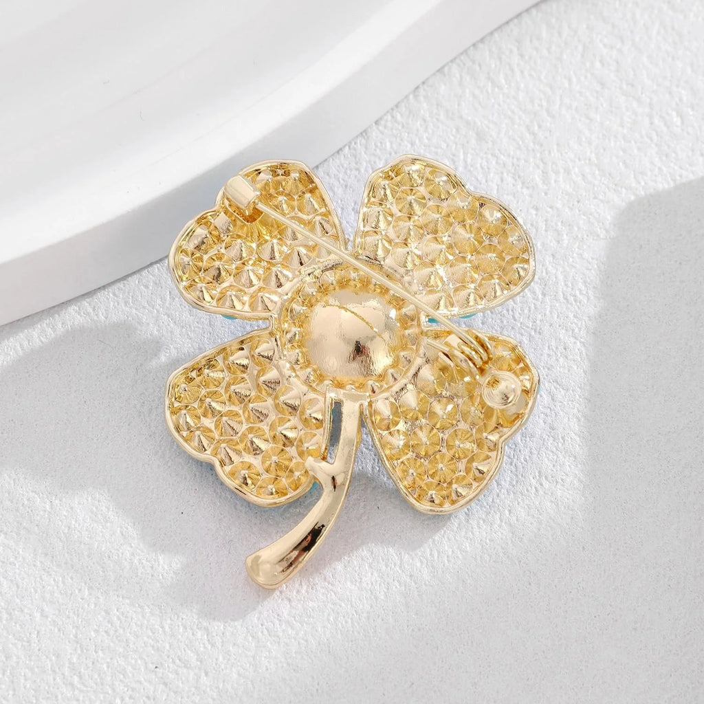 Elegant Four Leaf Clover Brooch With Turquoise Beads, Pearl And Rhinestone Lapel Pin Suit Accessory Gift